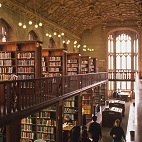 The library set over two floors with long windows at the end.